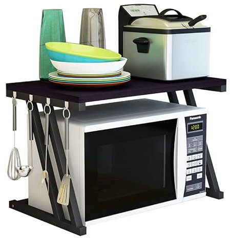 YUMZXIN Stabiles Regal aus Holz für Mikrowelle, mit Haken, Aufbewahrungsregal für Küchentheke, 2 Ebenen, Karbonstahl, 57 x 38 x 38 cm (schwarz)