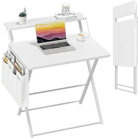 GreenForest Folding Desk with Monitor Stand,60 cm Small Computer Desk with Storage Bag, Modern Simple Portable Foldable Desks with Hooks for Home Office,White