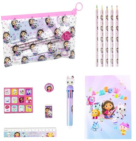 Gabby's Doll House Set di Cancelleria, Include Custodia, Taccuino, Penna, Adesivi, Matita, Righello, Gomma, Temperamatite e Matite Colorate, Set di Cancelleria Regalo per Ragazze
