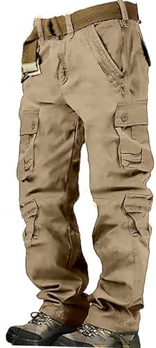 Mens Hiking Cargo Trousers, Hiking Walking Trousers Cotton Work Wear Cargo Trousers with 8 Pockets Men Lightweight Breathable Waterproof Outdoor Cargo Trousers Men's Outdoor Tactical Trousers Khaki