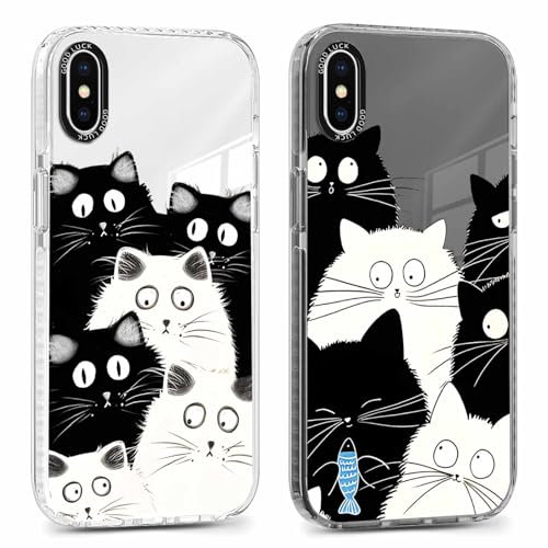 RUMDEY 2 Pack Clear Phone Case for iPhone X/XS 5.8 inch, Cute Black Cat Aesthetic Pattern Design Protective Soft Slim Shockproof Yellow-Resistant TPU Bumper Cover for Girls Woman-Cat