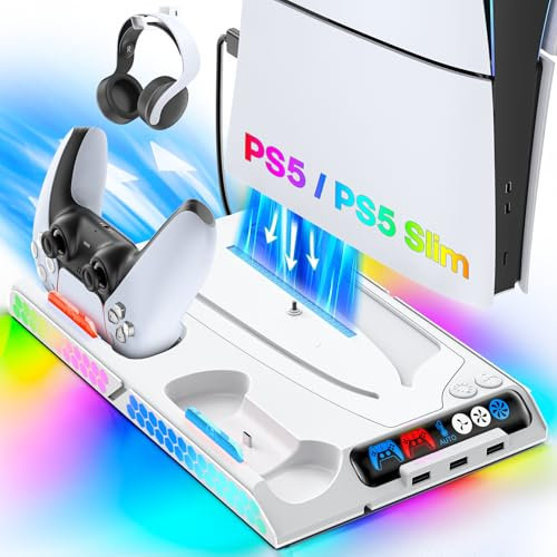 PS5 Pro/PS5 Slim/PS5 Cooling Station with Auto Fan Speed by Temp Control, PS5 Stand Vertical Dock Station with 4-Level Cooling Fan, PS5 Accessories with Controller Charge for PS5 Original/Edge