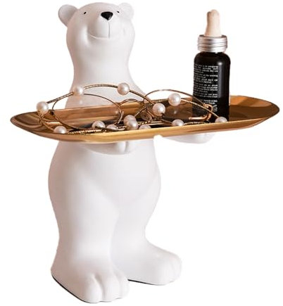 Sonwaha Schlüsselschale Multifunktionale Tablett Deko Eisbär Schlüssel Schale Wohnzimmer Deko Eisbär Skulpturen mit Dekotablett Schale für Schlüssel Schmuck Aufbewahrungsbox