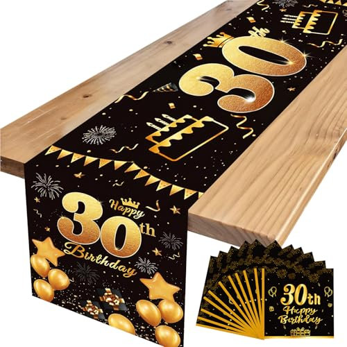 ZOCONE Tischläufer 30 Geburtstag Mann mit 20 Stück Servietten 30 Geburtstag Deko Tischdecke Schwarz Gold Party Tischdeko Geburtstag Tischbanner 30th Birthday Table Runner Leinen Geburtstagsdeko Tisch