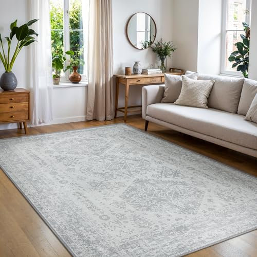 BEIMO Vintage Boho Schlafzimmer Wohnzimmer kurzflor Teppich, Waschbar RutschfestTeppich für Küche Flur Teppich Grau, 120x170cm