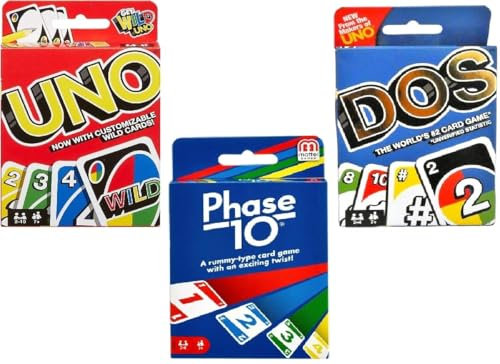Mattel Uno, Dos und Phase 10 Kartenspiel, Combo Pack of 3