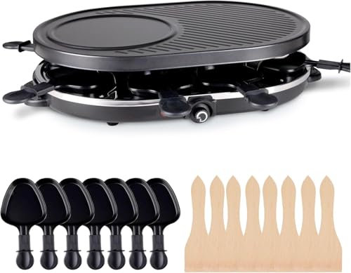 8 Raclette Personen Set Grill rund oval - Tischgrill inkl. Pfännchen & Schaber & Grillplatte & Crepes Funktion 1200 Watt - RUND