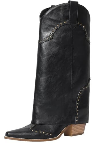 RONILURN Stivali da donna a forma di squalo, ripiegabili, a metà polpaccio, tacco grosso, punta a tagliente, da cowboy, cowgirl, stivali con borchie da donna, nero, 44 EU
