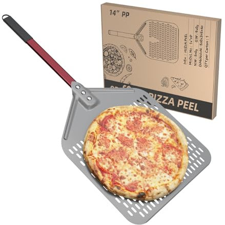 crosson Pala de pizza perforada de 14 × 18, pala para pizza, pala ligera con mango largo de 16 pulgadas, accesorios para horno de pizza, herramientas para pizza, espátula rectangular