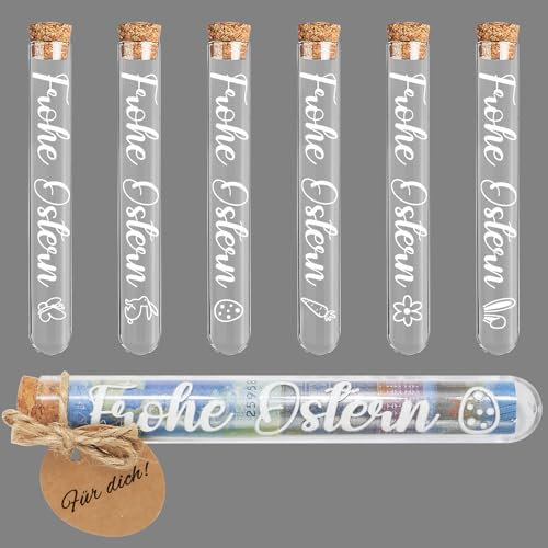 BOFUNX 6pcs Frohe Ostern Geldgeschenk Verpackung Transparente Reagenzgläser mit Korken und 6pcs Frohe Ostern Aufkleber Anhänger für Ostern Kinder Männer Frauen