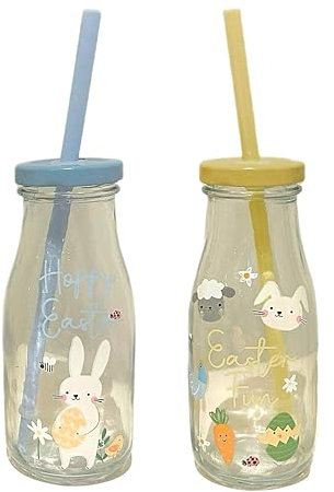 eBoutik - Set 2 Easter Milk Bottle Set with Straw for Kids - Fun Novelty Party Gift Accessory Milk Bottle Style Juice Glass with Easter Spring Design - Leakproof with Straw (Set One)