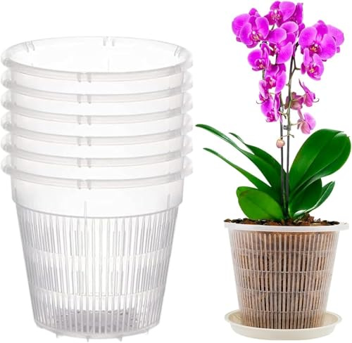 6 Stück Orchideentopf Transparente Orchideentöpfe zum Umtopfen Kunststoff | Orchideen Pflanztöpfe mit Schlitzen Atmungsaktiv Anzuchttöpfe Blumentöpfe Umtopftopf für Drinnen und Draußen (14CM&Tablett)