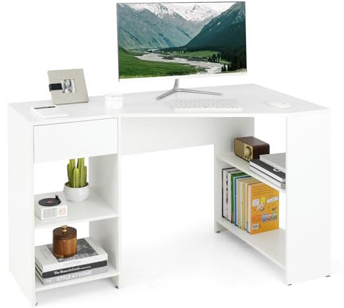 COSTWAY L-Shaped Computer Desk, 120cm Corner Wooden Study Table Writing Workstation with Open Shelves & Drawer, Modern PC Laptop Table Working Desk for Home Office Bedroom (White)