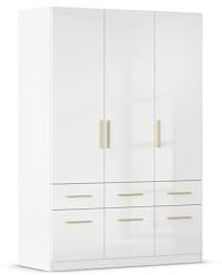 Rauch Möbel Aberdeen, Drehtürenschrank, Kleiderschrank, Schrank, Garderobe, 3-türig, 6 Schubladen, Farbe Weiß/Hochglanz weiß, Griffe Eiche massiv, 136x197x54cm