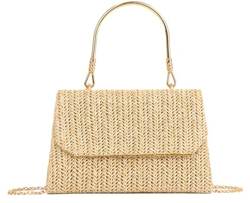 Ynport Crefreak Damen Strohgeflochtene Handtasche mit Griff – Boho Umhängetasche, Shopper & Crossbody Bag für Sommer, Strand, Urlaub & Casual Looks, Aprikose