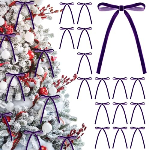 24 Pcs Velvet Christmas Bows, 5 x 7 Inch Christmas Wreath Bow Rustic Vintage Gift Velvet Bow Christmas Tree Ribbon Bows Ornament for Christmas Tree Wreath Garland Home Decorations (Purple)