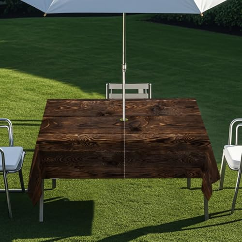 Chickwin Regenschirm Tischdecke Outdoor, Tischtuch mit Sonnenschirm Loch Reißverschluss, Holzmaserung Tischdecke Rechteckig Wasserdicht für Terrassen Garten Patio Haus (Dunkelbraun,213x152cm)