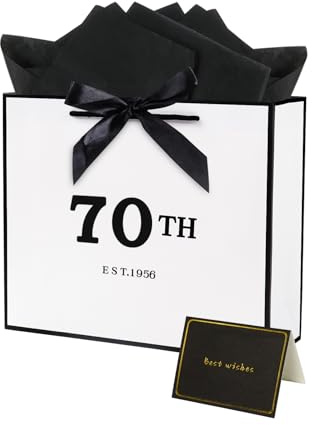 12.6 Large 70th Birthday Gift Bag with Tissue Paper and Card, Large Birthday Gift Bag for Women and Men - 12.6 x 4.3 x 10.6 Inches