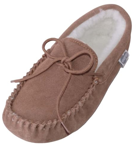 SNUGRUGS Holly, Womens Wool Lined Suede Moccasin Slipper with Suede Sole - Light Brown - UK 5