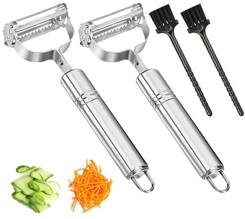 deegbbyi 2 Piezas Pelador, 17,8 cm Rallador y Peeler 2 en 1 | Pelador Multifuncional, Incluye 2 Cepillos de Limpieza, para Zanahorias, Pepinos, Calabacines, Patatas, Frutas
