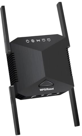 WiFi Extender Booster, Long Range WiFi Repeater with Ethernet Port Covers Up to 5000 Sq.ft and 50 Devices 4 High-Gain Antennas for Home Coverage Easy 1-Click Setup for Router/Alexa Black(UK Plug)