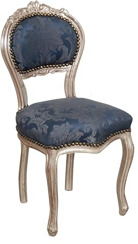Biscottini Stühle aus Holz und Stoff Luigi XVI 90 x 45 x 42 cm - Gepolsterter Stuhl im französischen Stil in Silber und Blau - Sessel Schlafzimmer - Stühle Wohnzimmer Barock Stil