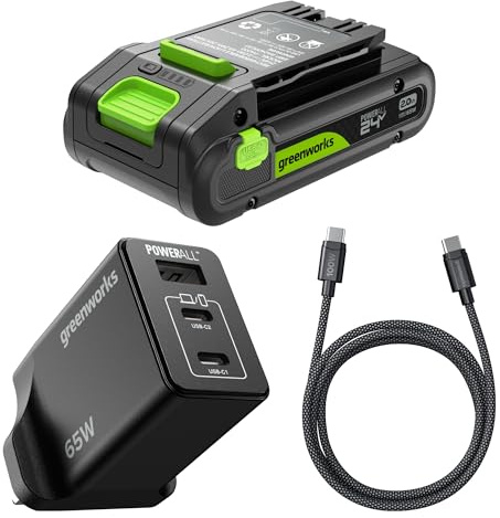 Greenworks 24V 2Ah High Power USB-C Battery & 65W USB-C Charger & 100W cable, Li-Ion Battery Suitable for all 200+ Greenworks 24V devices, 2-year warranty - K2S2BEA