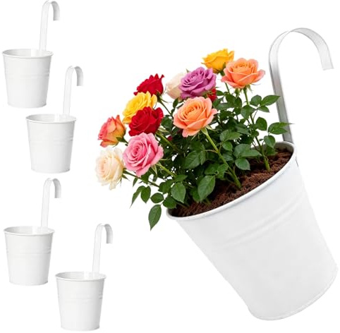 YNNHUDEEP Set di 4 vasi da fiori sospesi per esterni, 16 cm, altezza 26 cm, con staffa rimovibile e foro di drenaggio, per balcone, ringhiera, terrazza, in ferro zincato, resistente alle intemperie
