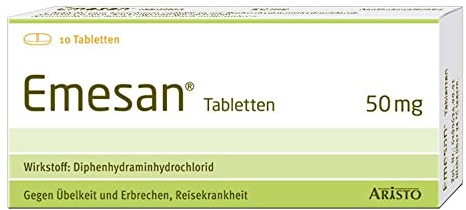 Emesan Tabletten 50mg 10 Stück von Aristo Pharma – zur Vorbeugung und symptomatischen Behandlung von Übelkeit und Erbrechen, insbesondere bei Reisekrankheit - für Erwachsene & Kinder ab 6 Jahren