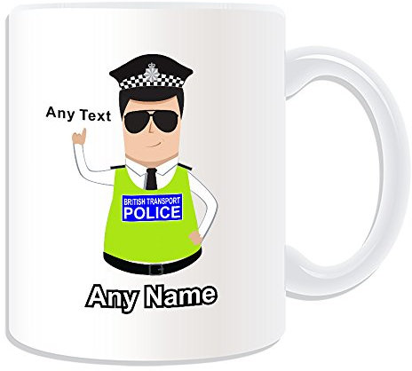 Personalised Gift - British Transport Police Mug (Police Design Theme, White) - Any Name/Message on Your Unique - BTP - Dark/Black Hair Policeman Hat Cap