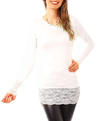 Langärmeliges Damen Baumwoll Longshirt mit breiter Spitze - Creme Gr.S/M