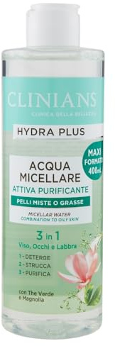 CLINIANS | Acqua Micellare Rimozione Trucco Purificante Hydra Plus Active, Dermatologicamente Testato, Deterge Delicatamente, Made in Italy, 400 ml