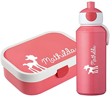 4youDesign Set: pinke Brotdose und Trinkflasche -REH- mit Namen für Kinder, 6 Farben, 3 Motive, inkl. Dosen-Einsatz, Gabel & Pop-Up Flasche für Schule (Bambi Pink)