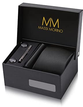 Massi Morino Krawatte Schwarz mit Einstecktuch Set Herren inkl. Manschettenknöpfe, Krawattennadel und Geschenkbox - Männer Krawattenset
