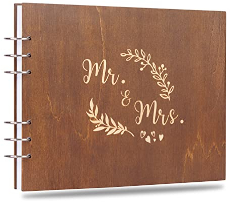 Creawoo 28,5cm Mr&Mrs hölzernes Gästebuch, Hochzeitsbuch Erinnerungen Einklebebuch für Hochzeit, Jahrestag, Geburtstag mit 120 Seiten, mindestens 240 Bilder – weißes Papier
