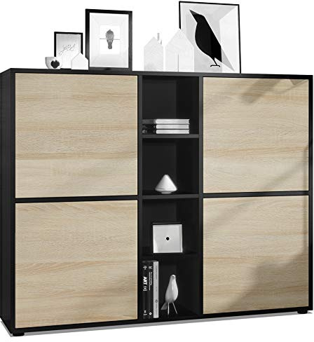 Vladon Highboard Cuba V3, Made in Germany, Schwarz matt/Eiche sägerau - Moderne Anrichte mit 12 Fächern (130,5 x 105,5 x 35,5 cm)