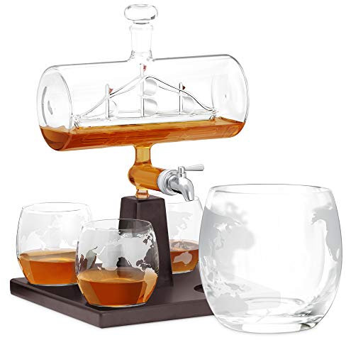 Murrano Whisky Carafe - with Stainless Steel Tap 1000 ml - Set of 4 Whisky Glasses - Whisky Decanter - No Engraving