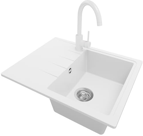 PRIMAGRAN Fregadero Granito Blanco 62x50cm, Cocina 1 Seno + Grifo 32x20cm + Sifón, Sobre encimera al mueble 40cm - Milano S059