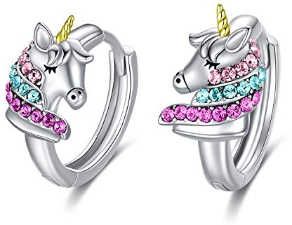 AOBOCO Einhorn Ohrringe Kinder Sterling Silber 925 Creolen mit Rosa Kristallen, Einhorn Schmuck Geburtstagsgeschenk für Mädchen Frauen (Bunt 1)