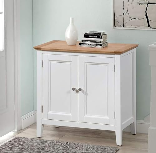 Hallowood Furniture Clifton Small Storage Cabinet with Doors and Shelves in Light Oak Top, Wooden White Cupboard, Perfect for Pantry Storage, Bathroom Cabinet, Entryway Table