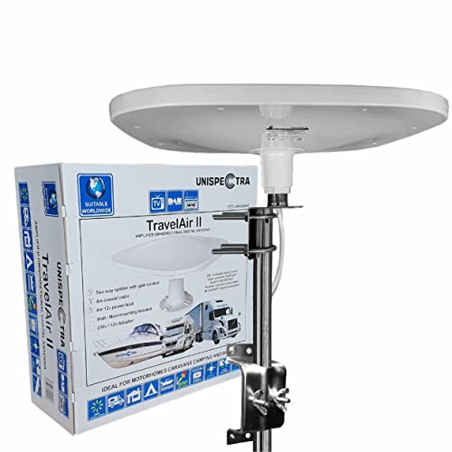 TRAVELAIR-II Omnidirectional Amplified Digital HD TV Aerial 32dB High Gain Booster. Freeview UHF FM DAB. 12/24V or 240V For Motorhome HGV Truck Caravan Boat Camping by Unispectra®