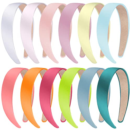 SIQUK 12 Stück Satin Haarreifen 3cm Satin Stirnbänder Breit Haarreif DIY Stirnbänder für Frauen und Mädchen, 12 Farben