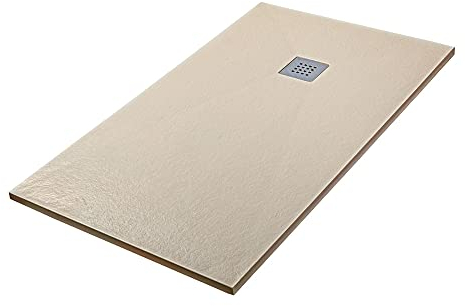 Piatto doccia marmoresina con effetto pietra serie Karen, in diverse dimensioni e colori, spessore ultraslim 3 cm, riducibile su misura, COMPLETO di kit scarico (100x100, Beige)