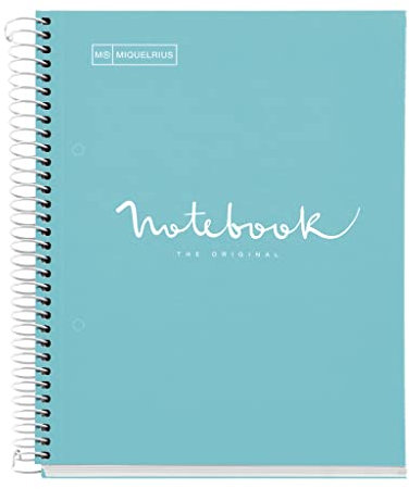 Miquelrius - Notizbuch A5 Notebook, 1 farbiger Streifen, 80 Blatt mit horizontalem Lineatur 7 mm, Papier 90 g/m² mikroperforiert mit 2 Bohrungen für 2 Ringe, Einband aus Karton, Farbe Himmelblau