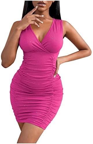 Sisifa Abendkleid Kurz Damen Sexy V-Ausschnitt Minikleid Glitzer Pailletten Bodycon Ruched Ärmellos Cocktailkleid Tank Enges Wickelkleid Partykleid Clubwear Nachtkleid