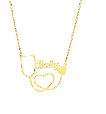 JewelryWe Schmuck Namenskette Damen Edelstahl Personalisierte Halskette Herz Stethoskop Anhänger Kette mit Namen, Geschenk für Frauen Ärztin Krankenschwester (Gold)