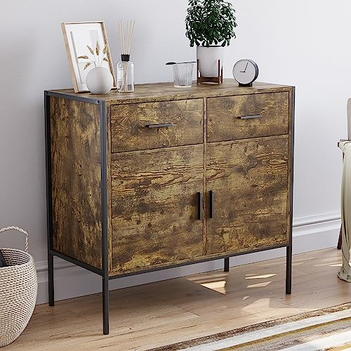 Vida Designs Brooklyn 2 Door 2 Drawer Sideboard Industrial Rustic Cabinet, Living Room Furniture (Dark Wood)