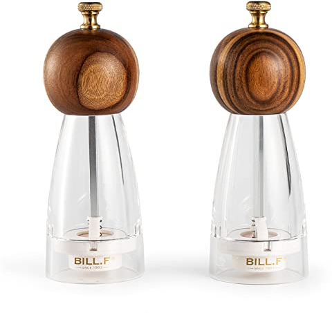 BF BILL.F SINCE 1983 Ensemble de moulins à sel et poivre rechargeables en bois + acrylique – 2 x 5 oz en bois d'acacia – Moulins à sel et poivre – Moulins en céramique – Fonctionnement manuel