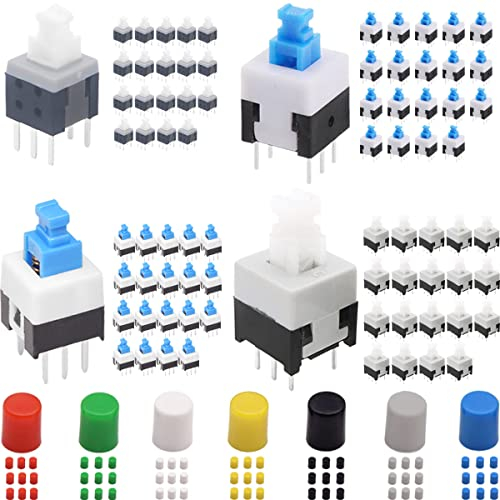 DAOKAI 80pcs Mini bouton autobloquant DPDT Kit de commutateur de bouton (8.5x8.5mm 8X8mm 7X7mm 5.8X5.8mm) Micro bouton poussoir d'alimentation autobloquant, avec capuchon de commutateur