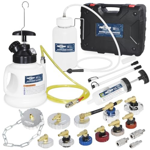 FIRSTINFO A1163HK3 | Kit purgador de Frenos Manual 3 L con 11 adaptadores metálicos, Botella colectora, Bomba extractora y 3 Tipos de Conectores